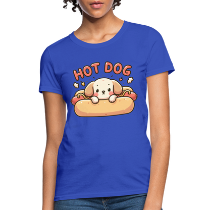 Hot Dog Women's Contoured T-Shirt with Cute Puppy inside Hot Dog Bun - royal blue