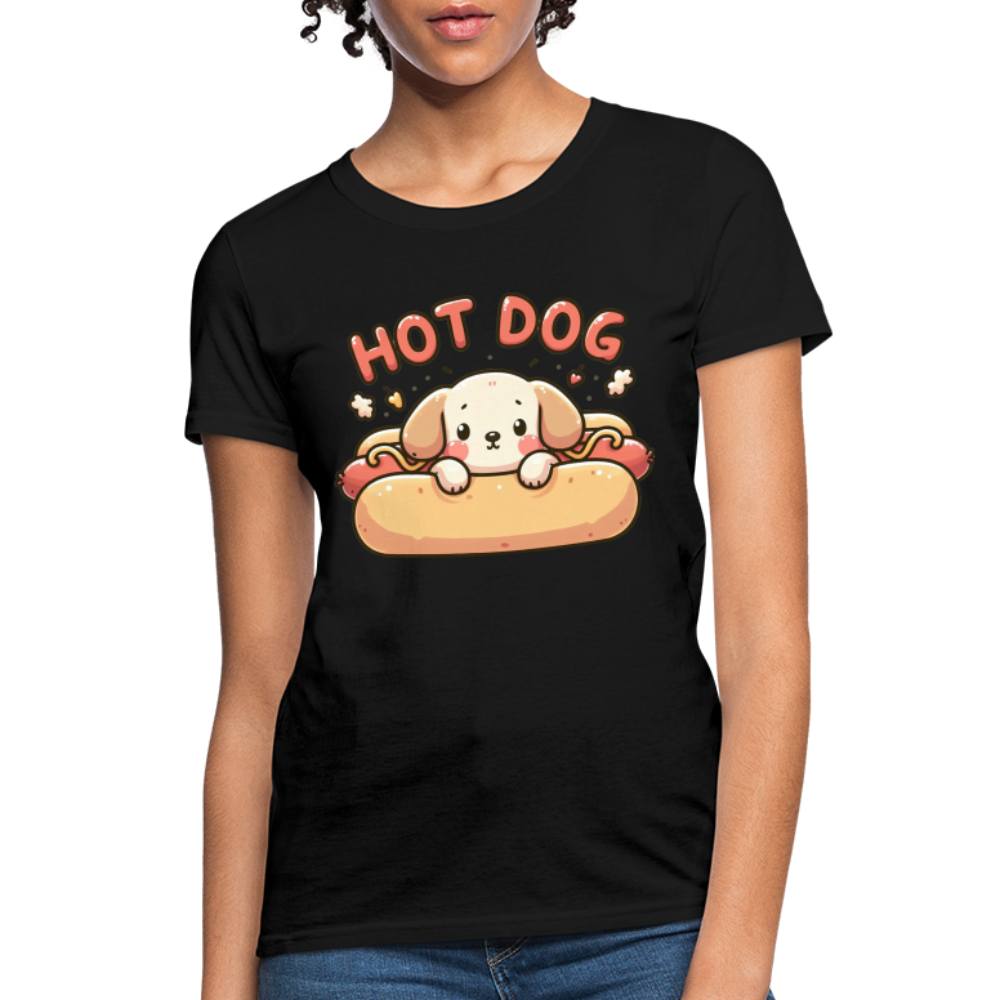 Hot Dog Women's Contoured T-Shirt with Cute Puppy inside Hot Dog Bun - black