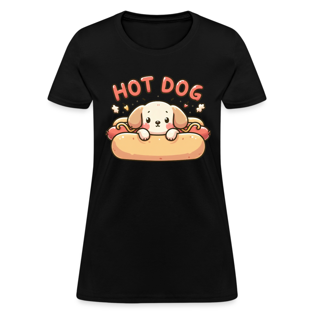 Hot Dog Women's Contoured T-Shirt with Cute Puppy inside Hot Dog Bun - black