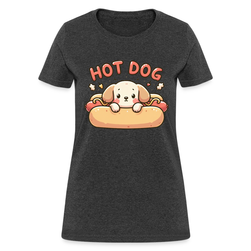 Hot Dog Women's Contoured T-Shirt with Cute Puppy inside Hot Dog Bun - heather black