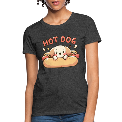 Hot Dog Women's Contoured T-Shirt with Cute Puppy inside Hot Dog Bun - heather black