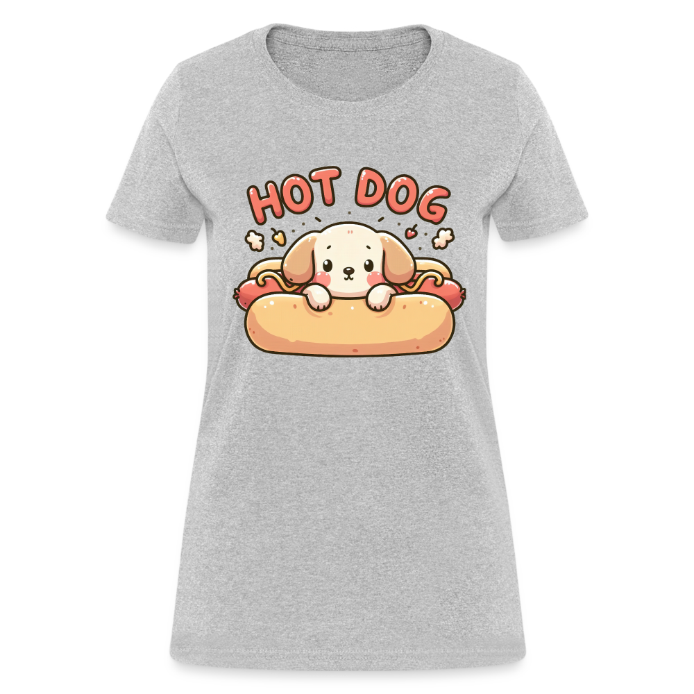 Hot Dog Women's Contoured T-Shirt with Cute Puppy inside Hot Dog Bun - heather gray