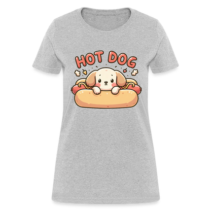 Hot Dog Women's Contoured T-Shirt with Cute Puppy inside Hot Dog Bun - heather gray