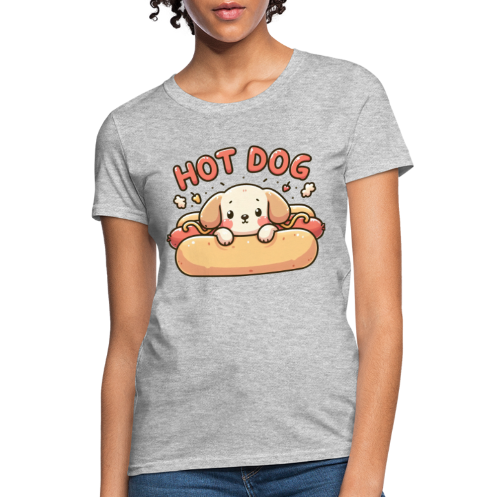 Hot Dog Women's Contoured T-Shirt with Cute Puppy inside Hot Dog Bun - heather gray