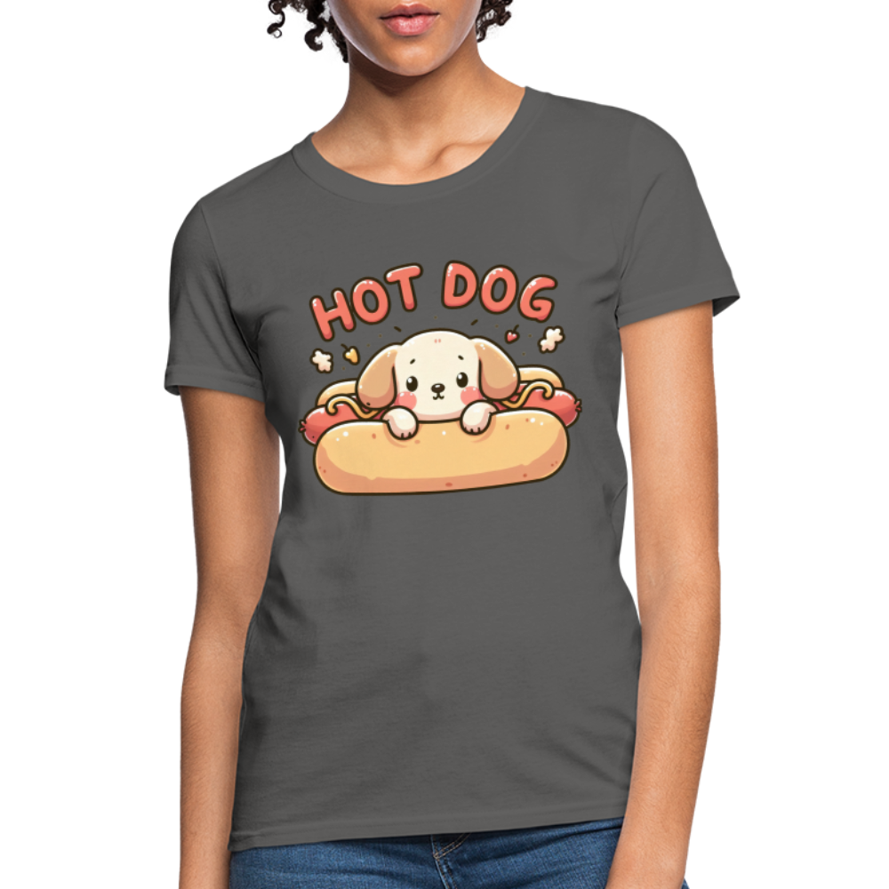 Hot Dog Women's Contoured T-Shirt with Cute Puppy inside Hot Dog Bun - charcoal