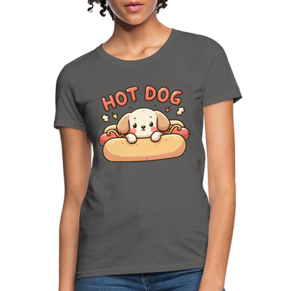 Hot Dog Women's Contoured T-Shirt with Cute Puppy inside Hot Dog Bun - charcoal