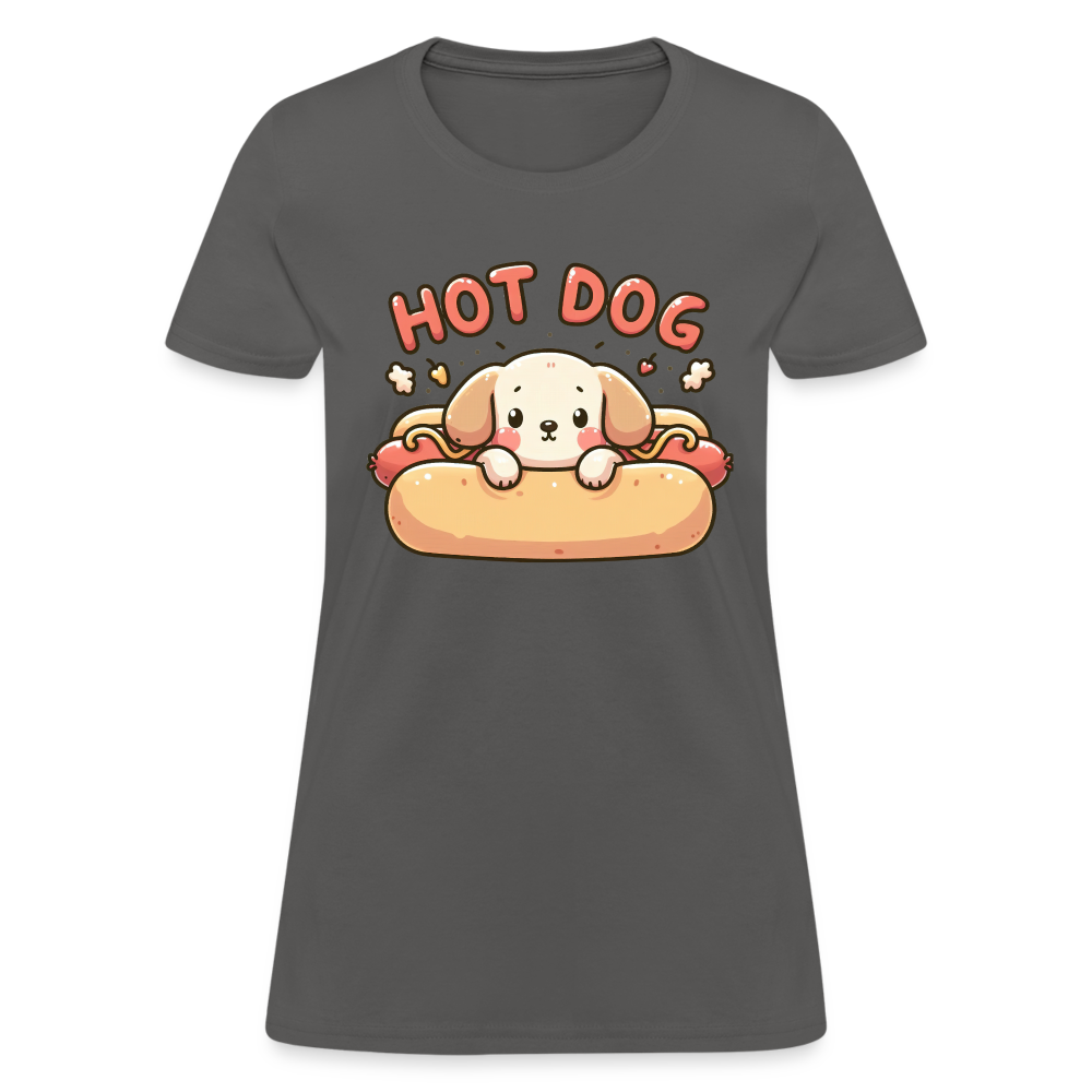 Hot Dog Women's Contoured T-Shirt with Cute Puppy inside Hot Dog Bun - charcoal