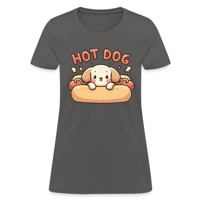 Hot Dog Women's Contoured T-Shirt with Cute Puppy inside Hot Dog Bun - charcoal