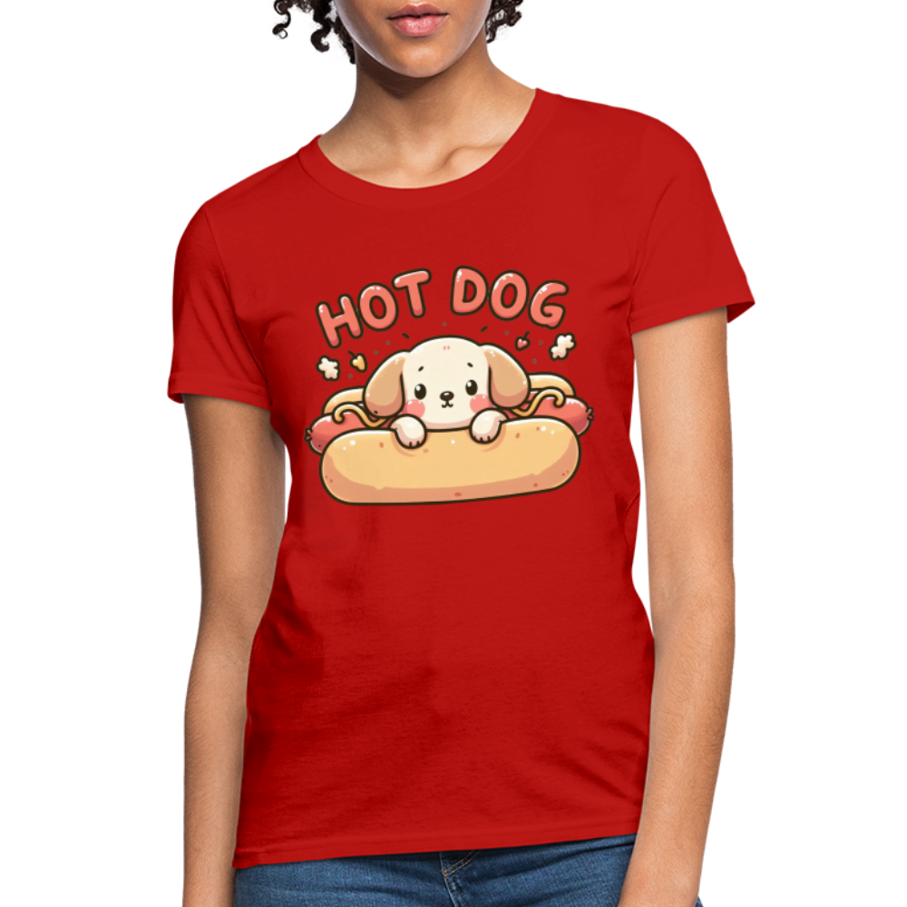 Hot Dog Women's Contoured T-Shirt with Cute Puppy inside Hot Dog Bun - red