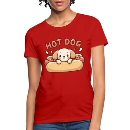 Hot Dog Women's Contoured T-Shirt with Cute Puppy inside Hot Dog Bun - red