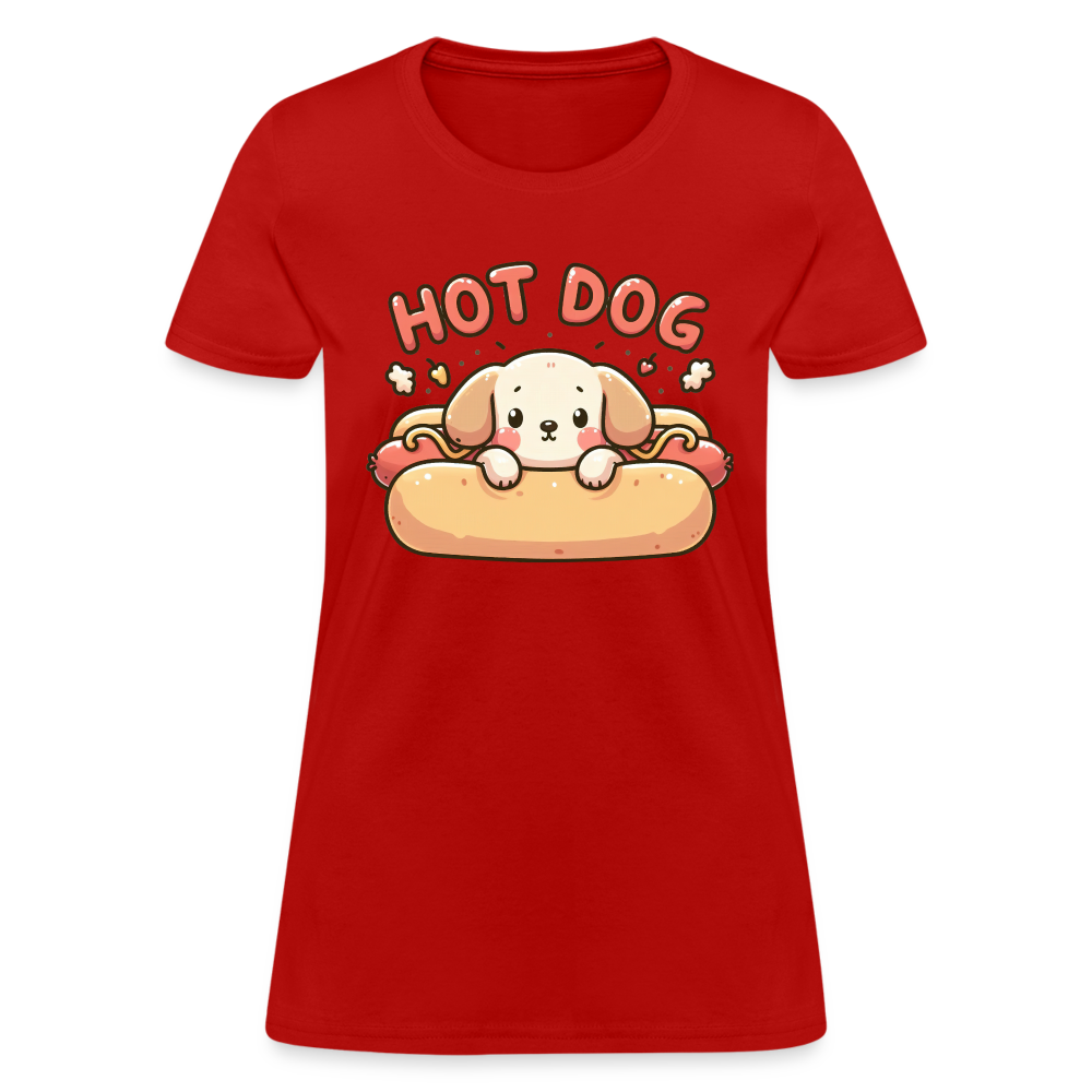 Hot Dog Women's Contoured T-Shirt with Cute Puppy inside Hot Dog Bun - red