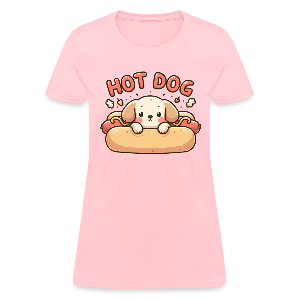 Hot Dog Women's Contoured T-Shirt with Cute Puppy inside Hot Dog Bun - pink