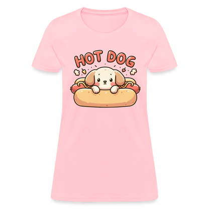 Hot Dog Women's Contoured T-Shirt with Cute Puppy inside Hot Dog Bun - pink