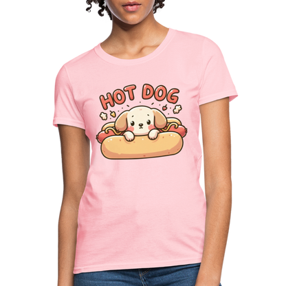 Hot Dog Women's Contoured T-Shirt with Cute Puppy inside Hot Dog Bun - pink