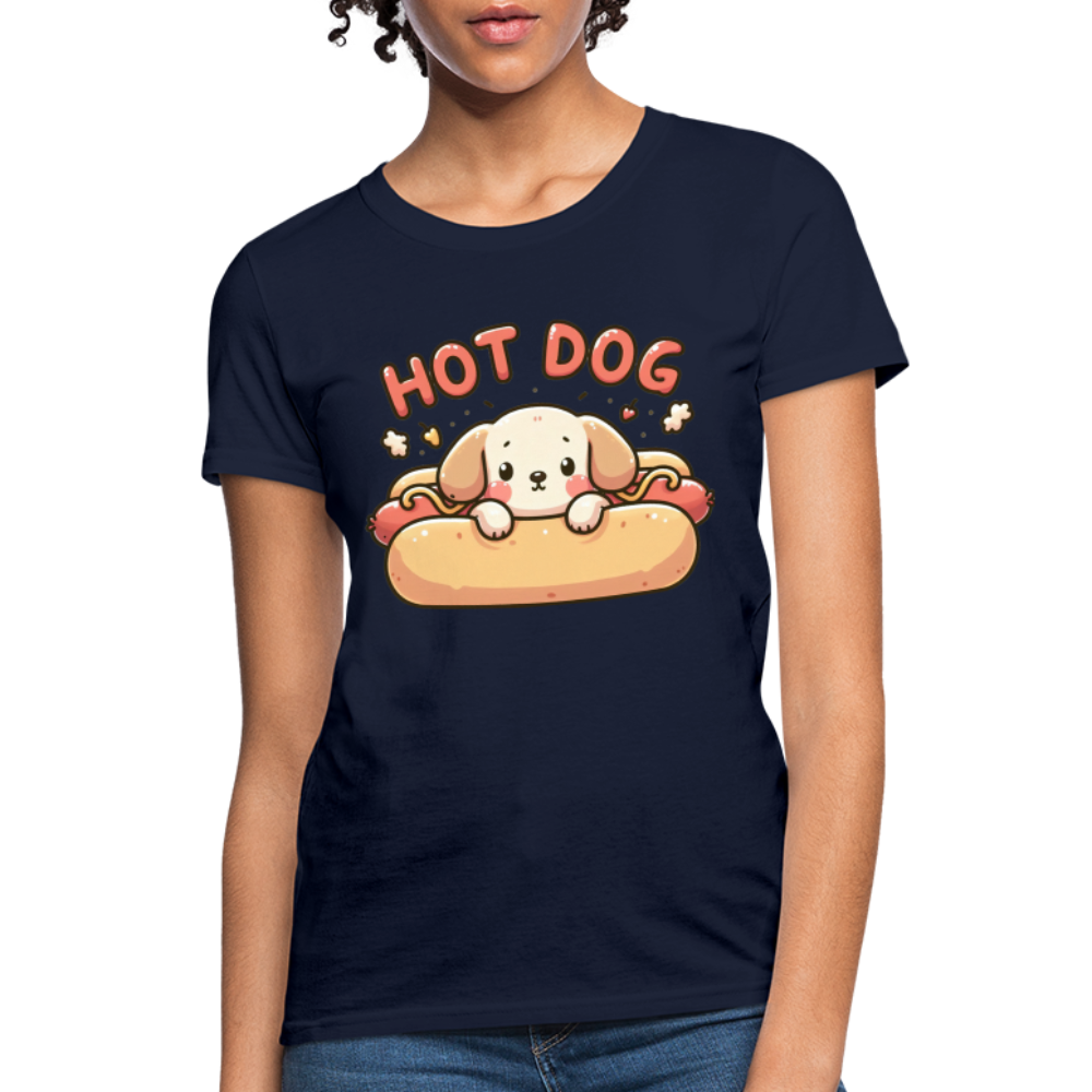 Hot Dog Women's Contoured T-Shirt with Cute Puppy inside Hot Dog Bun - navy