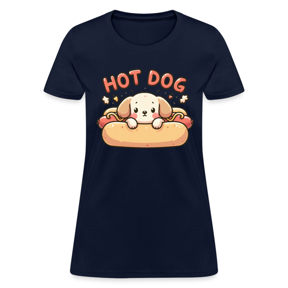 Hot Dog Women's Contoured T-Shirt with Cute Puppy inside Hot Dog Bun - navy