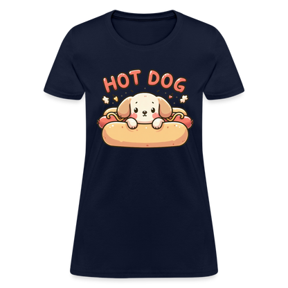 Hot Dog Women's Contoured T-Shirt with Cute Puppy inside Hot Dog Bun - navy