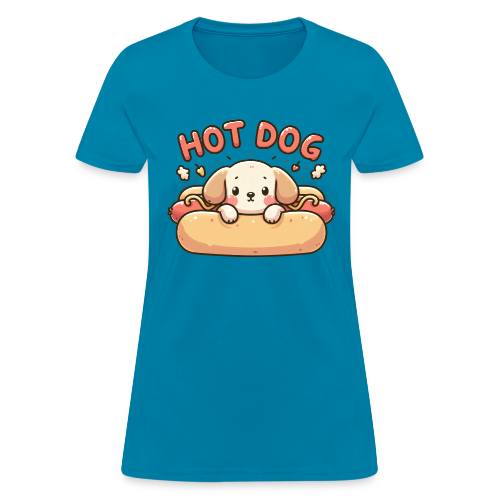 Hot Dog Women's Contoured T-Shirt with Cute Puppy inside Hot Dog Bun - turquoise