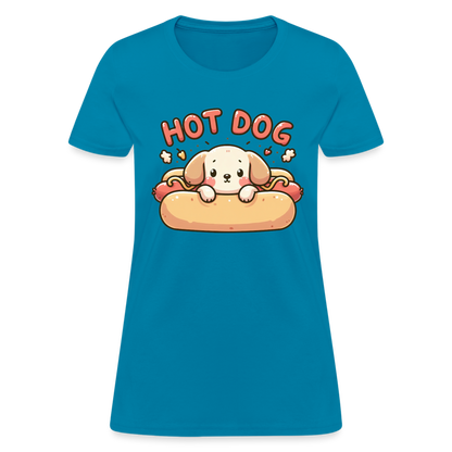 Hot Dog Women's Contoured T-Shirt with Cute Puppy inside Hot Dog Bun - turquoise