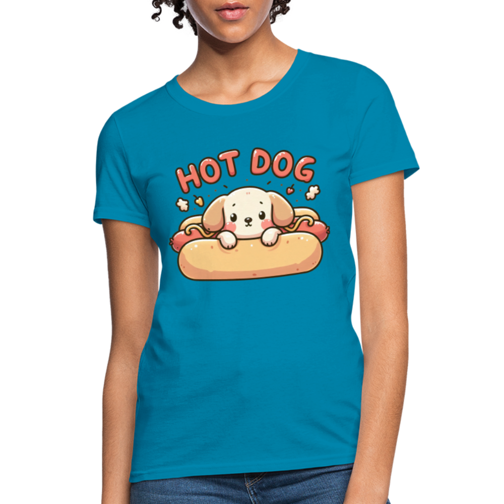 Hot Dog Women's Contoured T-Shirt with Cute Puppy inside Hot Dog Bun - turquoise