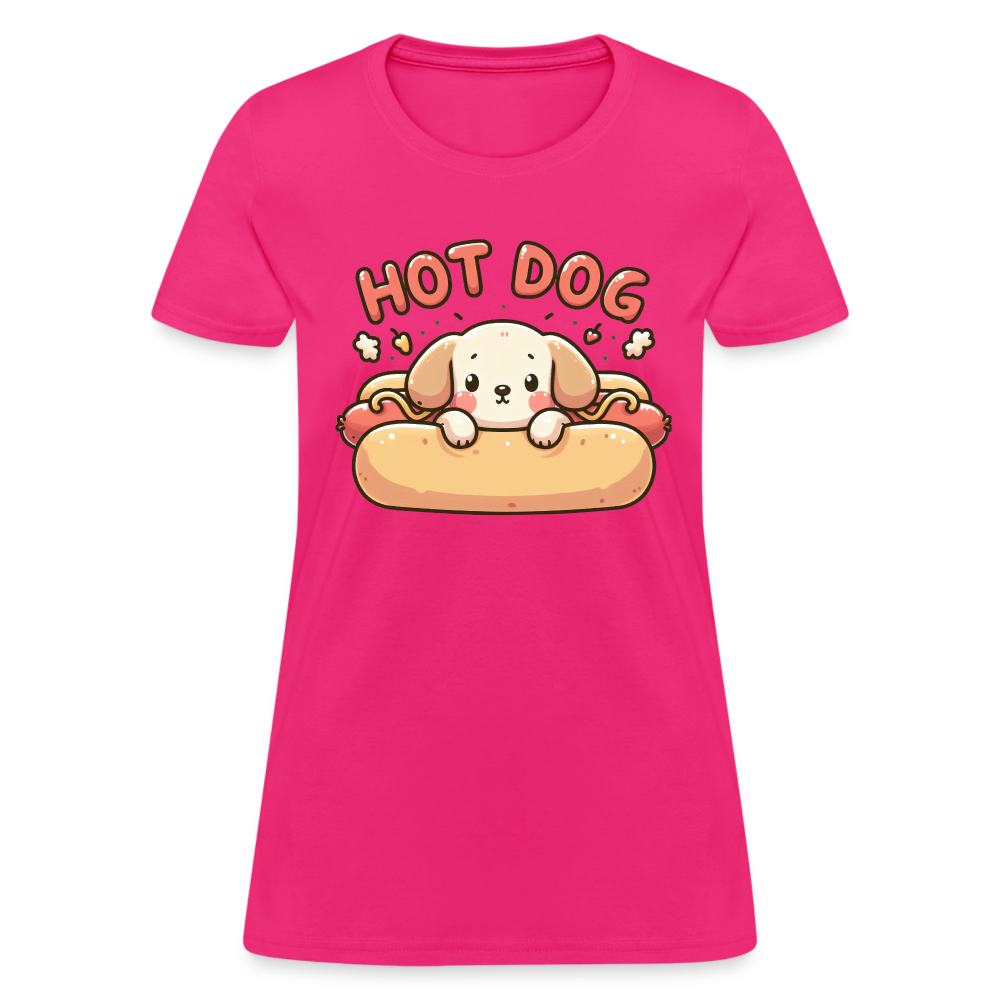 Hot Dog Women's Contoured T-Shirt with Cute Puppy inside Hot Dog Bun - fuchsia