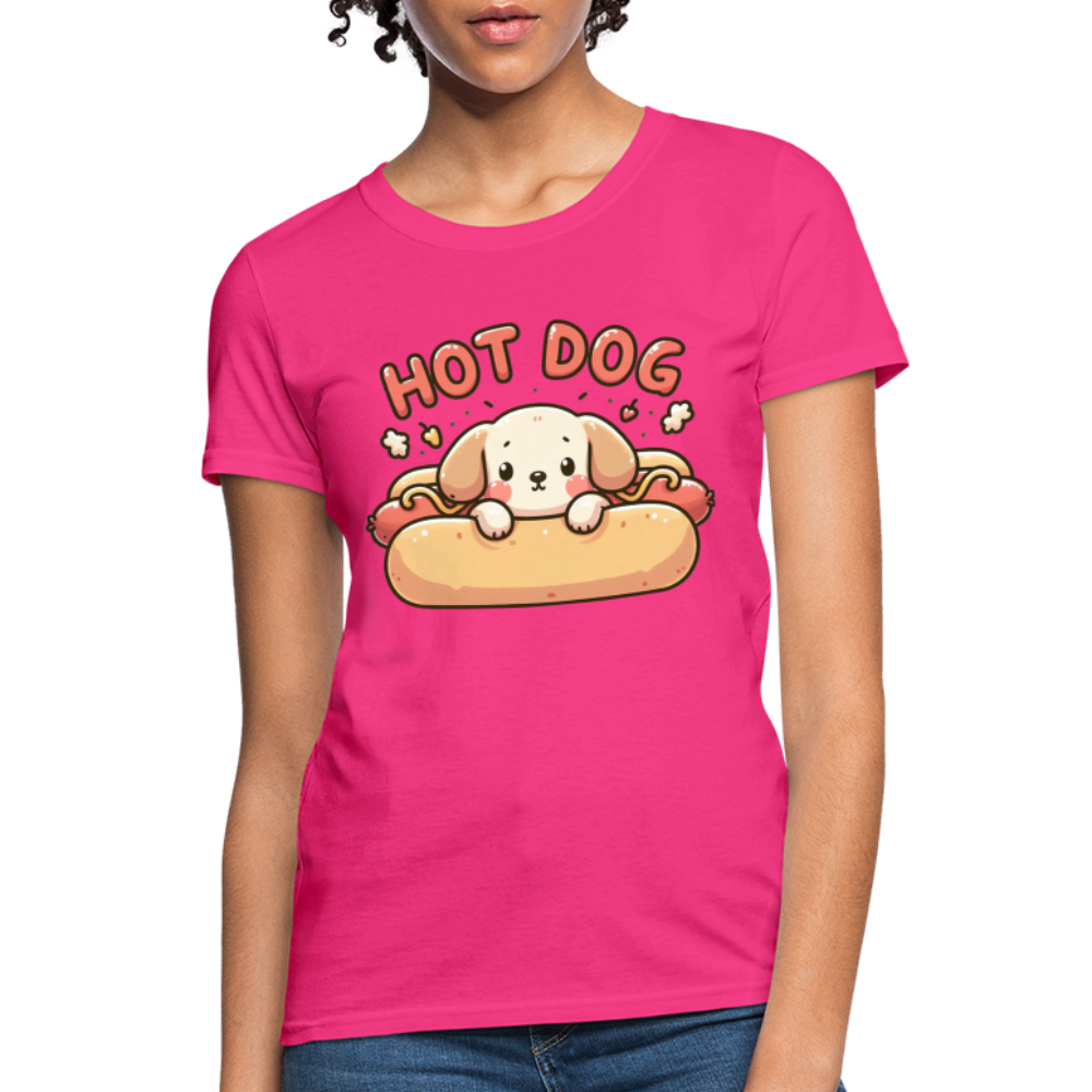 Hot Dog Women's Contoured T-Shirt with Cute Puppy inside Hot Dog Bun - fuchsia