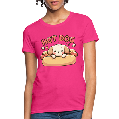 Hot Dog Women's Contoured T-Shirt with Cute Puppy inside Hot Dog Bun - fuchsia