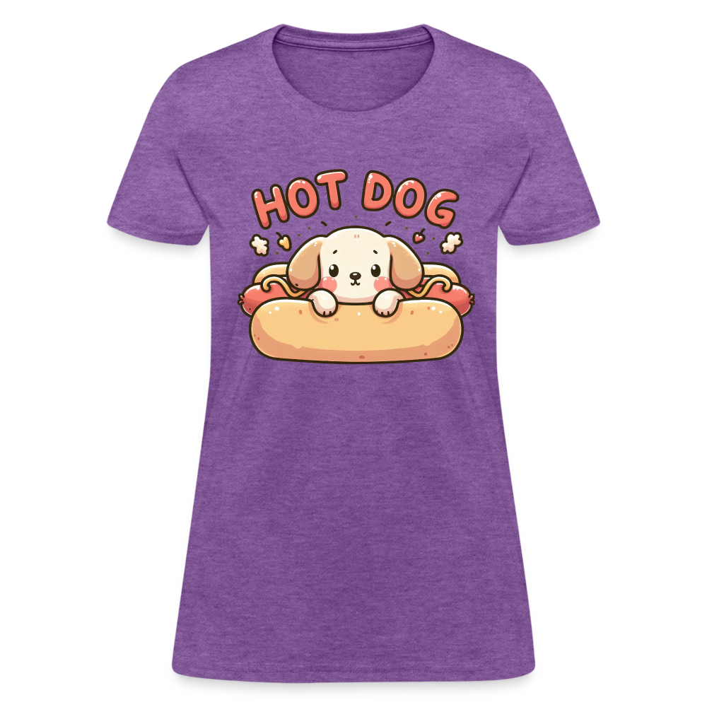 Hot Dog Women's Contoured T-Shirt with Cute Puppy inside Hot Dog Bun - purple heather