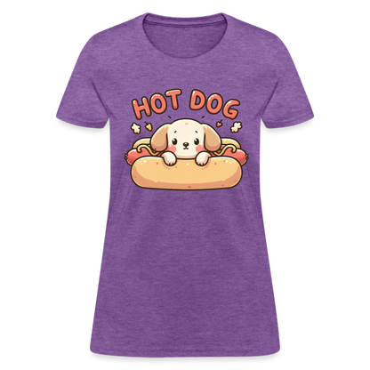 Hot Dog Women's Contoured T-Shirt with Cute Puppy inside Hot Dog Bun - purple heather