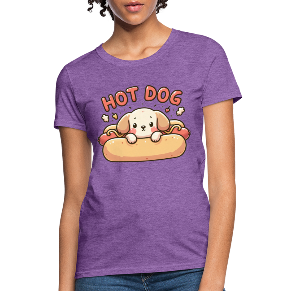 Hot Dog Women's Contoured T-Shirt with Cute Puppy inside Hot Dog Bun - purple heather