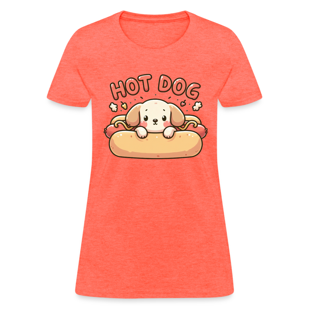 Hot Dog Women's Contoured T-Shirt with Cute Puppy inside Hot Dog Bun - heather coral