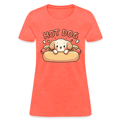 Hot Dog Women's Contoured T-Shirt with Cute Puppy inside Hot Dog Bun - heather coral