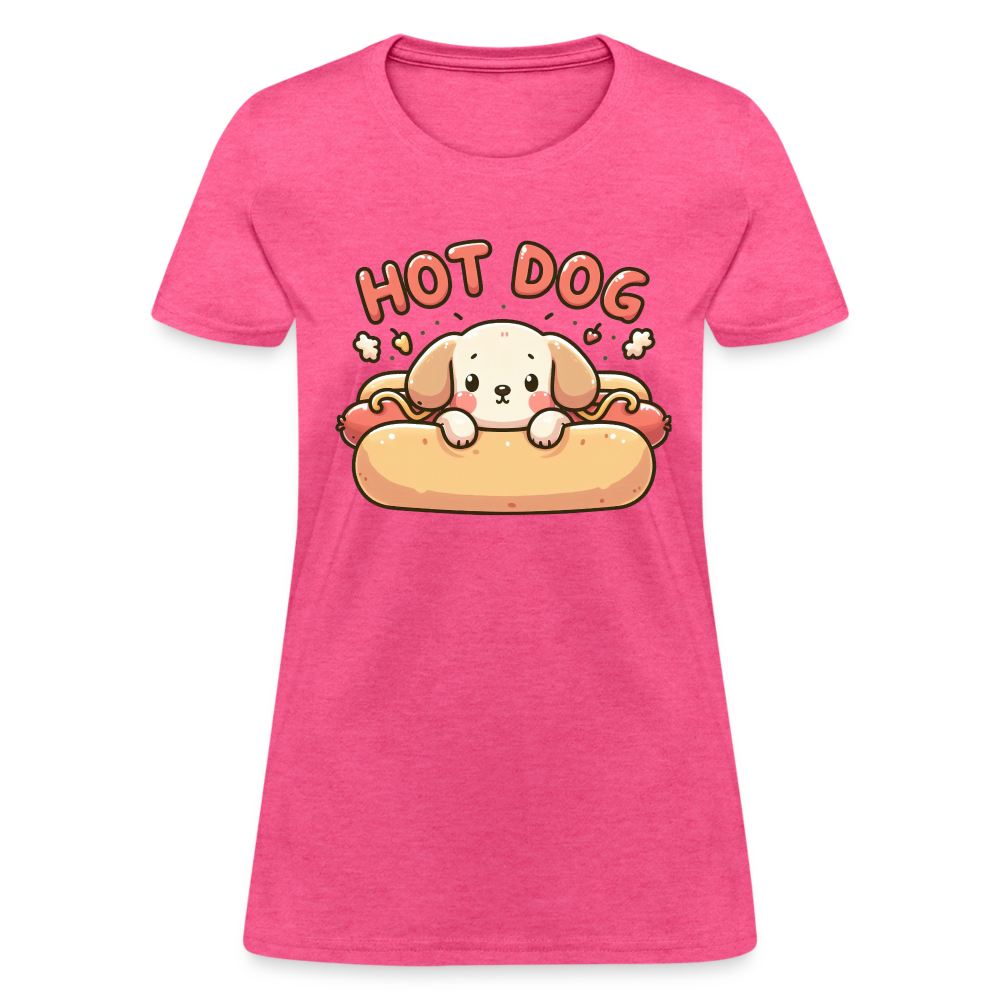 Hot Dog Women's Contoured T-Shirt with Cute Puppy inside Hot Dog Bun - heather pink