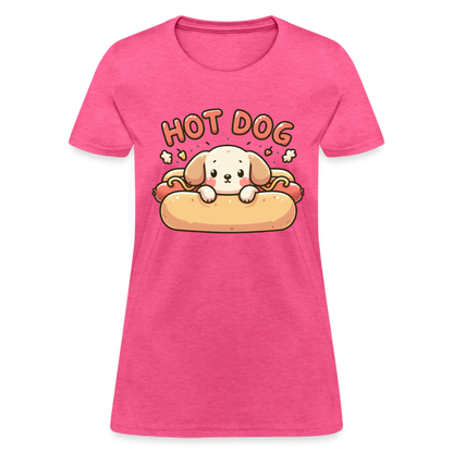 Hot Dog Women's Contoured T-Shirt with Cute Puppy inside Hot Dog Bun - heather pink