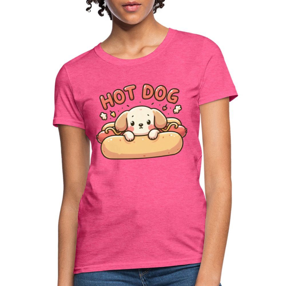 Hot Dog Women's Contoured T-Shirt with Cute Puppy inside Hot Dog Bun - heather pink