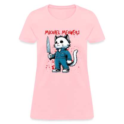 Michael Meowers Women's Contoured T-Shirt Scary Cat Halloween Cat Lover - pink