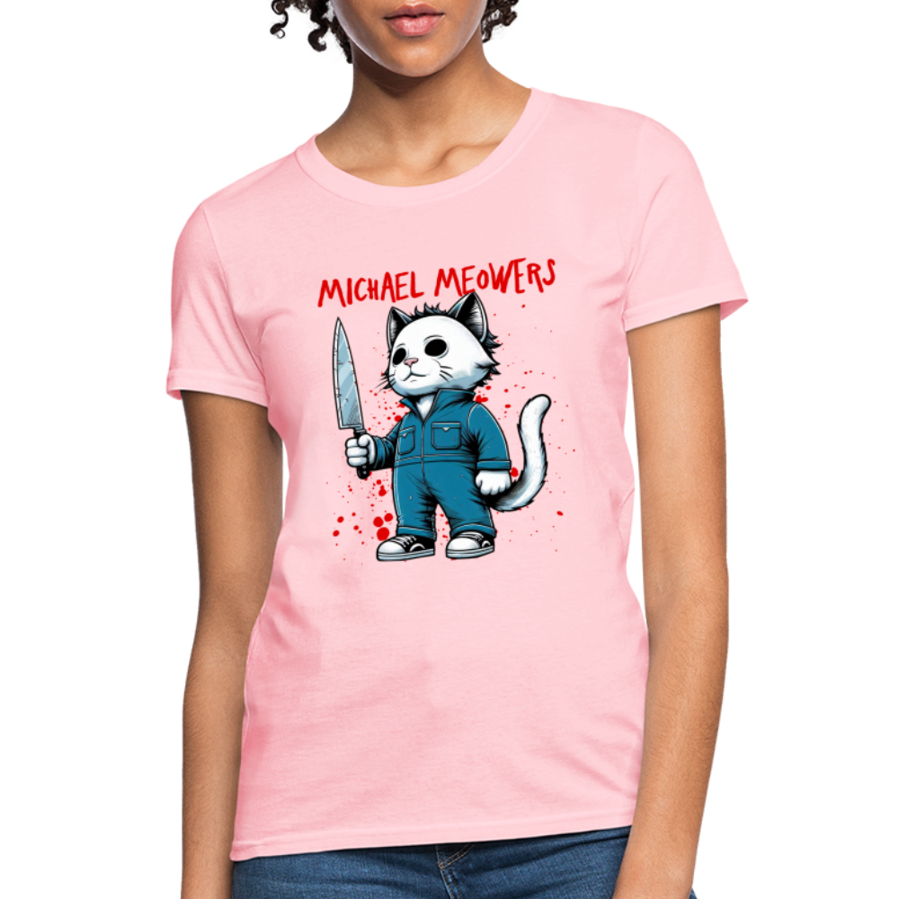 Michael Meowers Women's Contoured T-Shirt Scary Cat Halloween Cat Lover - pink