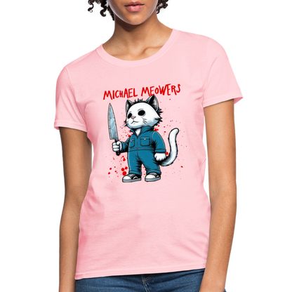 Michael Meowers Women's Contoured T-Shirt Scary Cat Halloween Cat Lover - pink