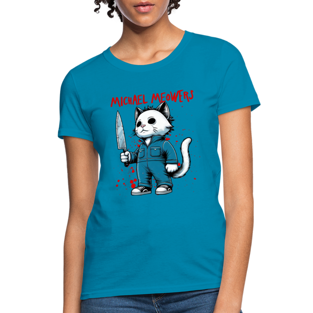 Michael Meowers Women's Contoured T-Shirt Scary Cat Halloween Cat Lover - turquoise