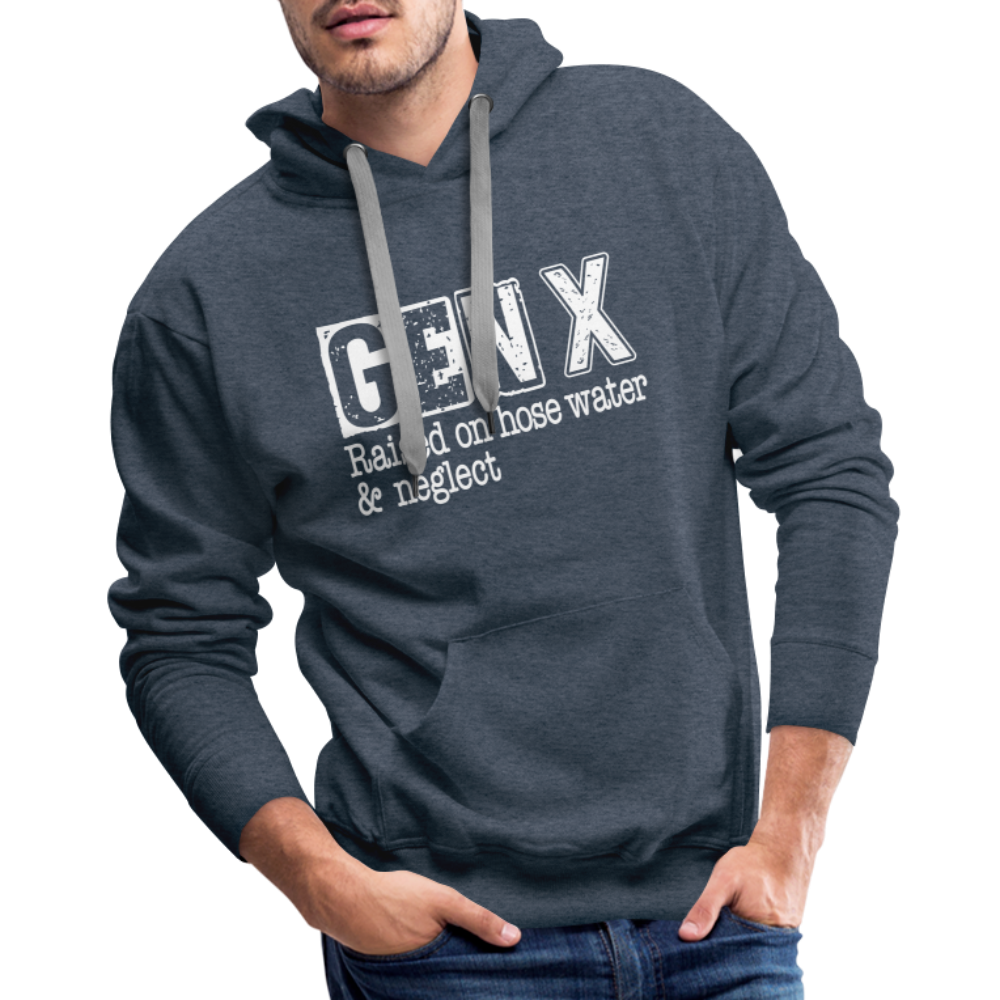 GEN X Men’s Premium Hoodie (Raised on hose water & neglect) - heather denim