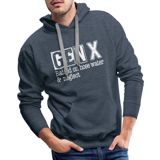 GEN X Men’s Premium Hoodie (Raised on hose water & neglect) - heather denim