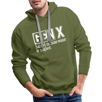 GEN X Men’s Premium Hoodie (Raised on hose water & neglect) - olive green