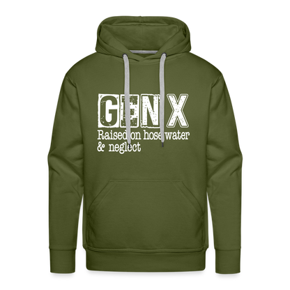 GEN X Men’s Premium Hoodie (Raised on hose water & neglect) - olive green