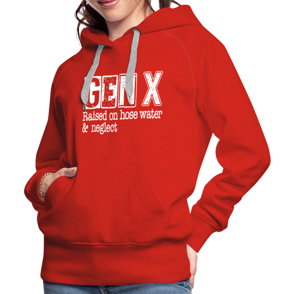 GEN X Women’s Premium Hoodie (Raised on hose water & neglect) - red