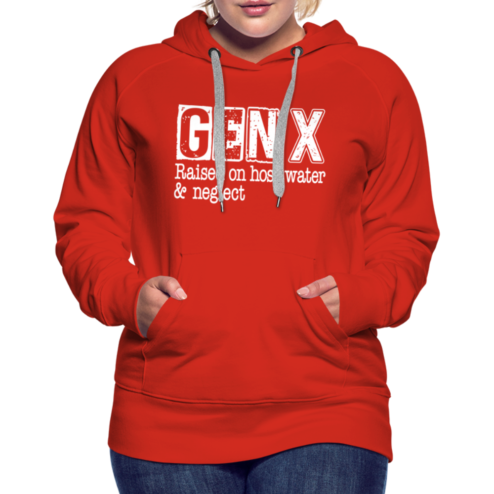 GEN X Women’s Premium Hoodie (Raised on hose water & neglect) - red