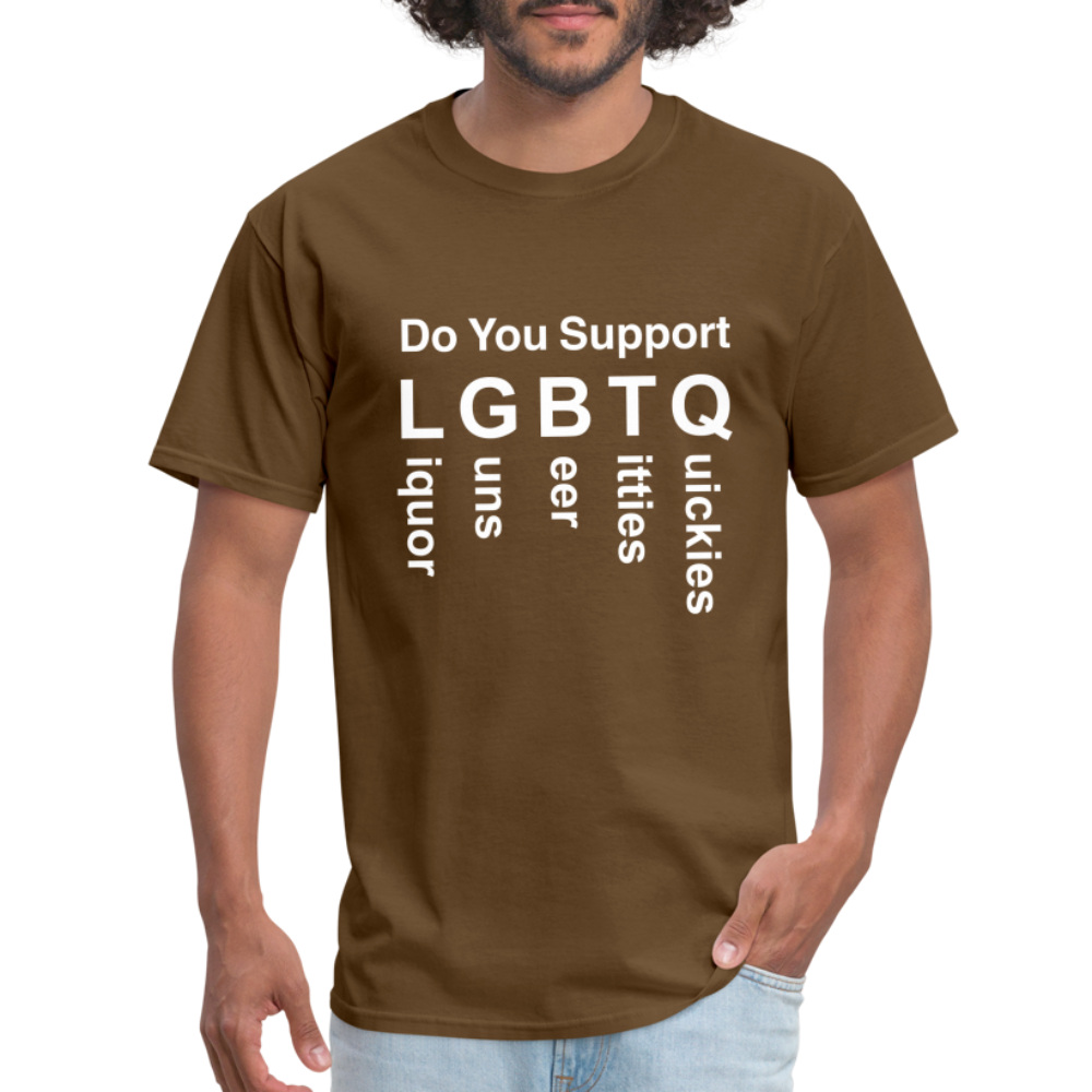 Support LGBTQ Liquor Guns Beer Titties Quickies T-Shirt - brown