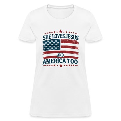 She Loves Jesus and America Too Women's T-Shirt - white