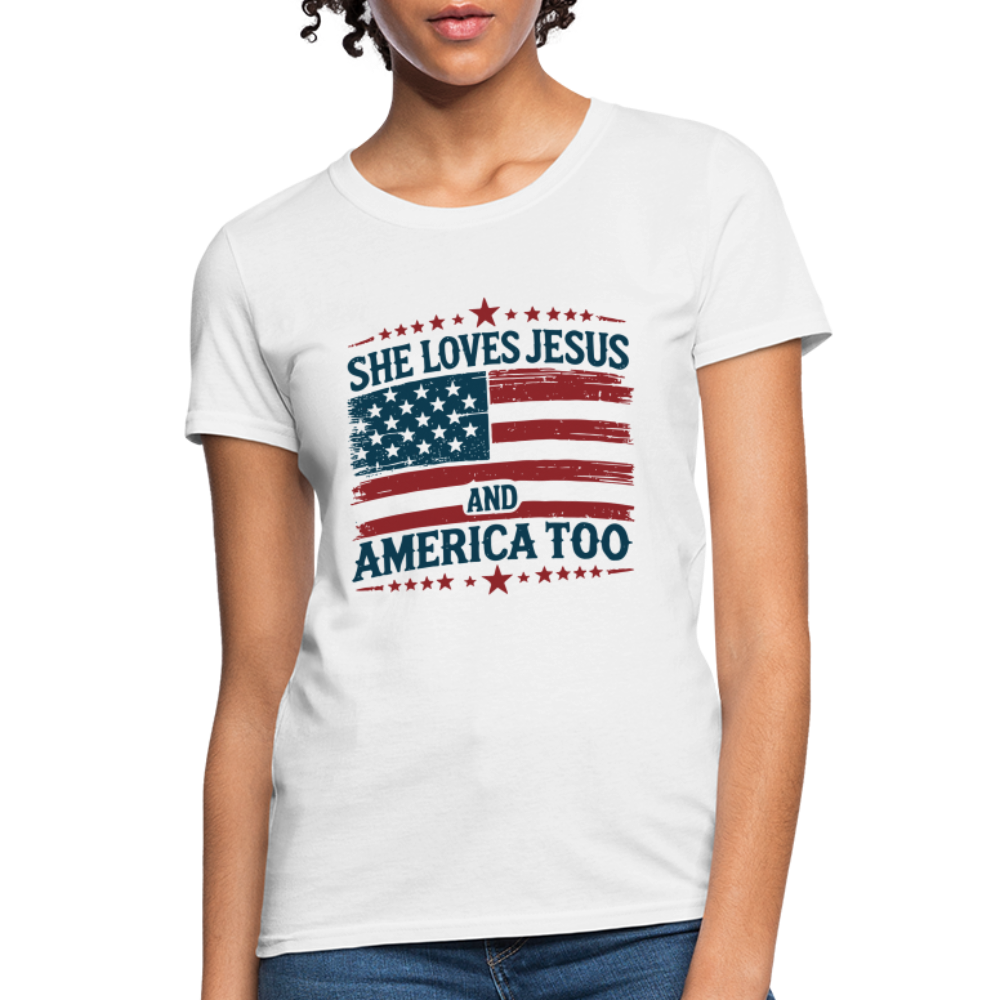 She Loves Jesus and America Too Women's T-Shirt - white