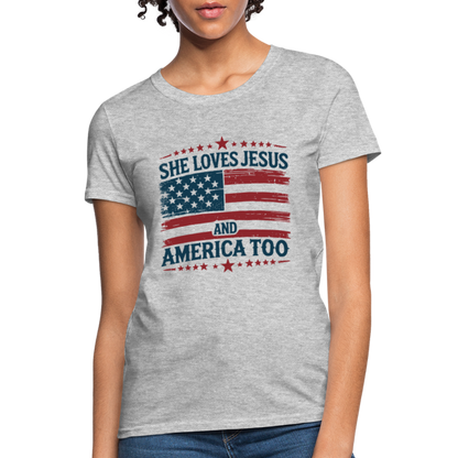 She Loves Jesus and America Too Women's T-Shirt - heather gray