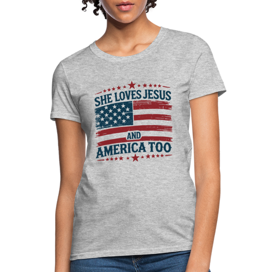 She Loves Jesus and America Too Women's T-Shirt - heather gray